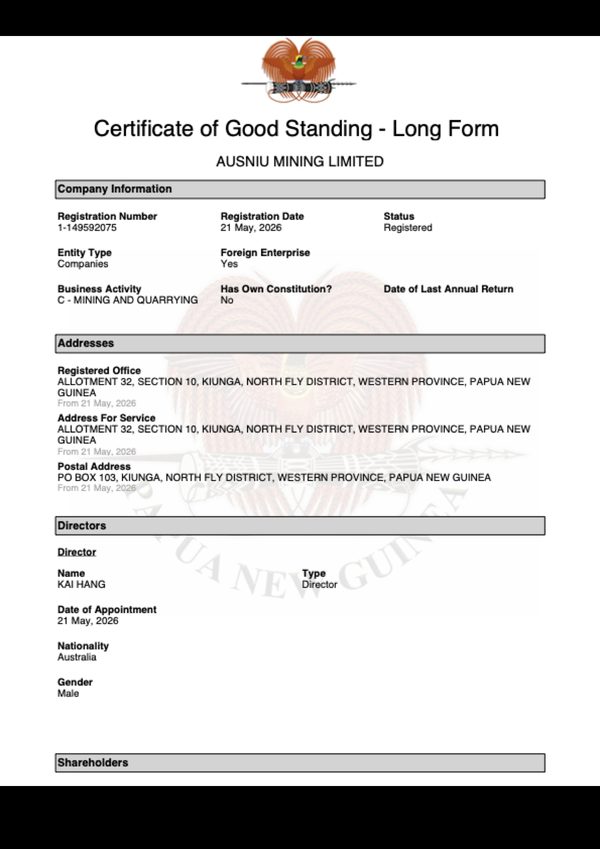First page of the Certificate of Good Standing of AusNiu Mining Limited