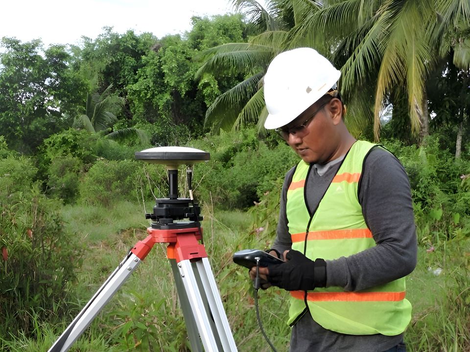 Surveyor using GPS survey equipment in a tropical field